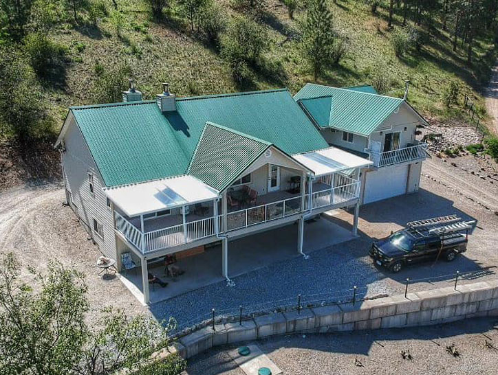 aerial of dual patio covers on large deck